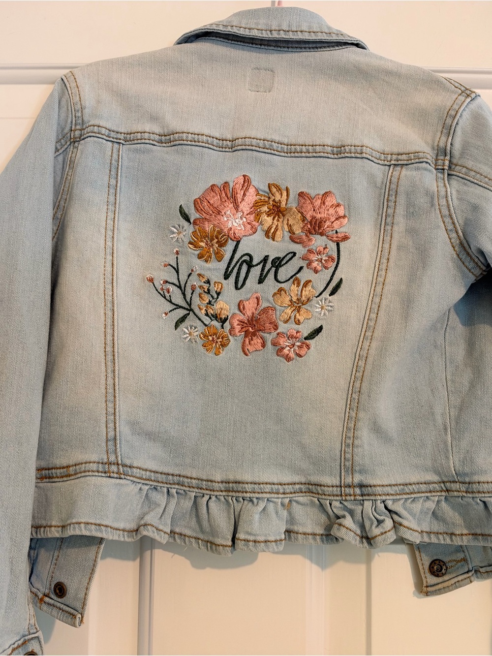 deux par deux Light Blue Embroidered Denim Jacket with Floral Detail